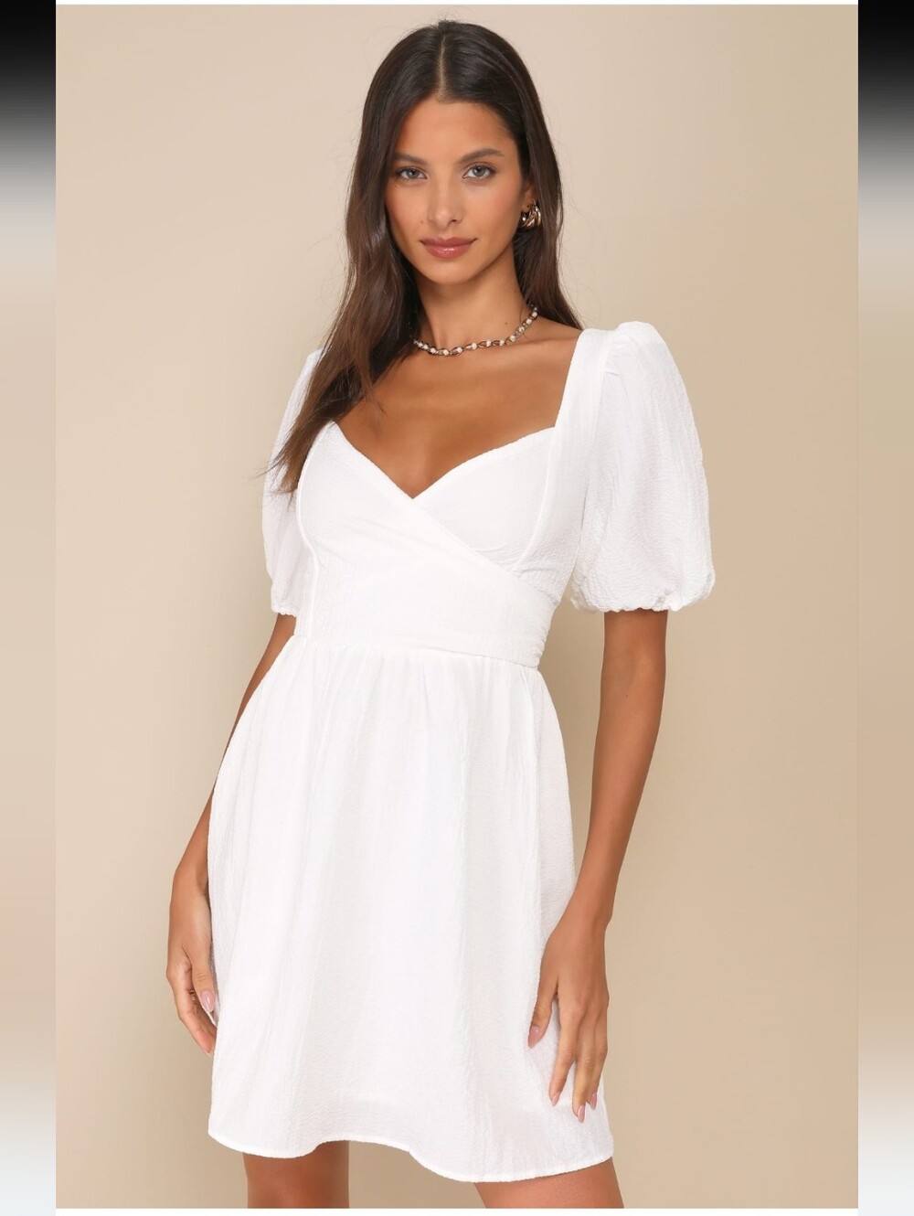 Little Bit In Love White Surplice Mini Dress Puff Sleeve Sweetheart Neckline Lrg